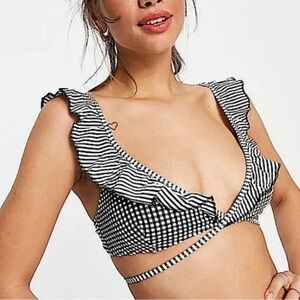 Aerie Seersucker Ruffle Wrap Black & White Bikini Swim Top Sz XS